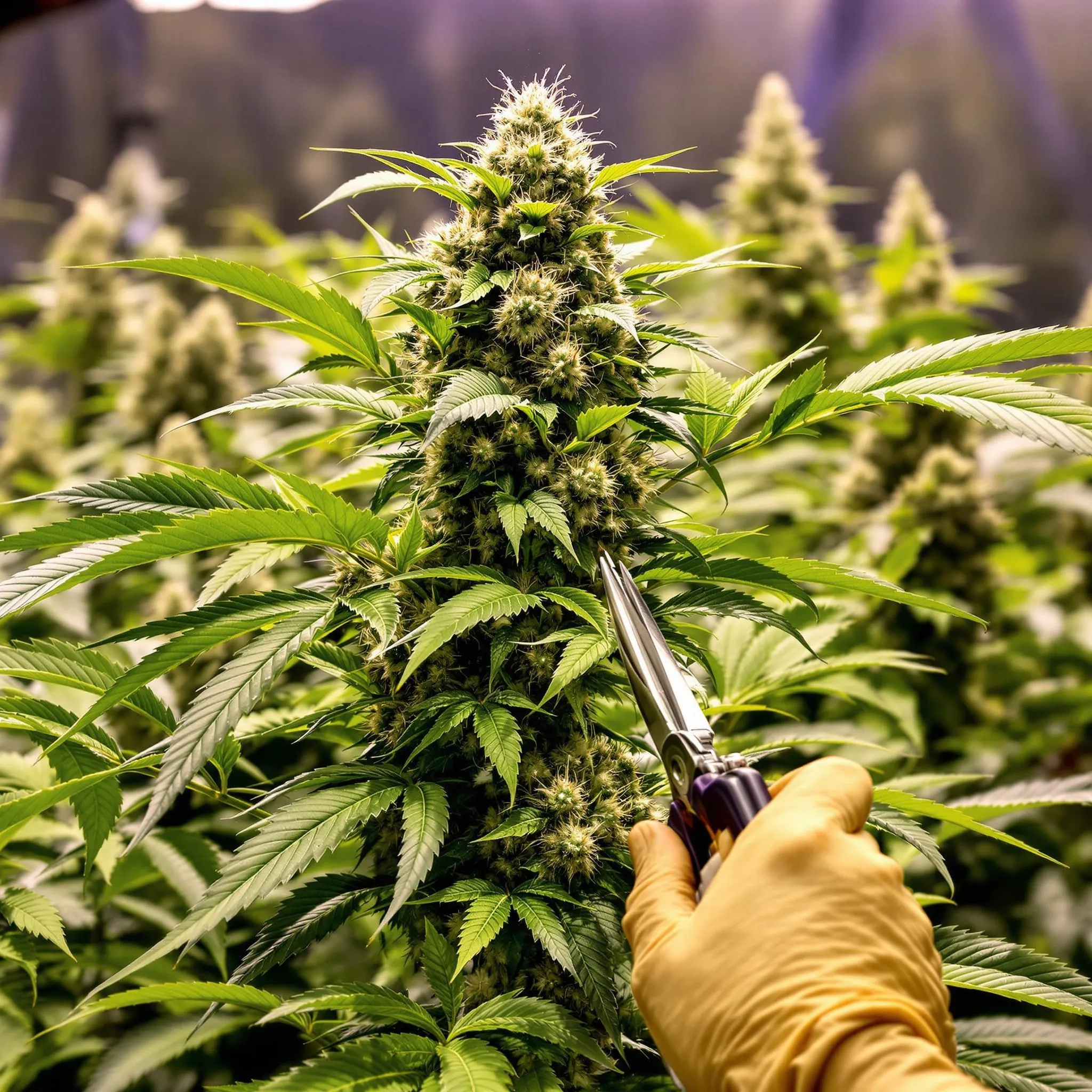 Grower defoliating autoflowers late flower by removing a fan leaf with sterilized scissors to improve light and airflow.