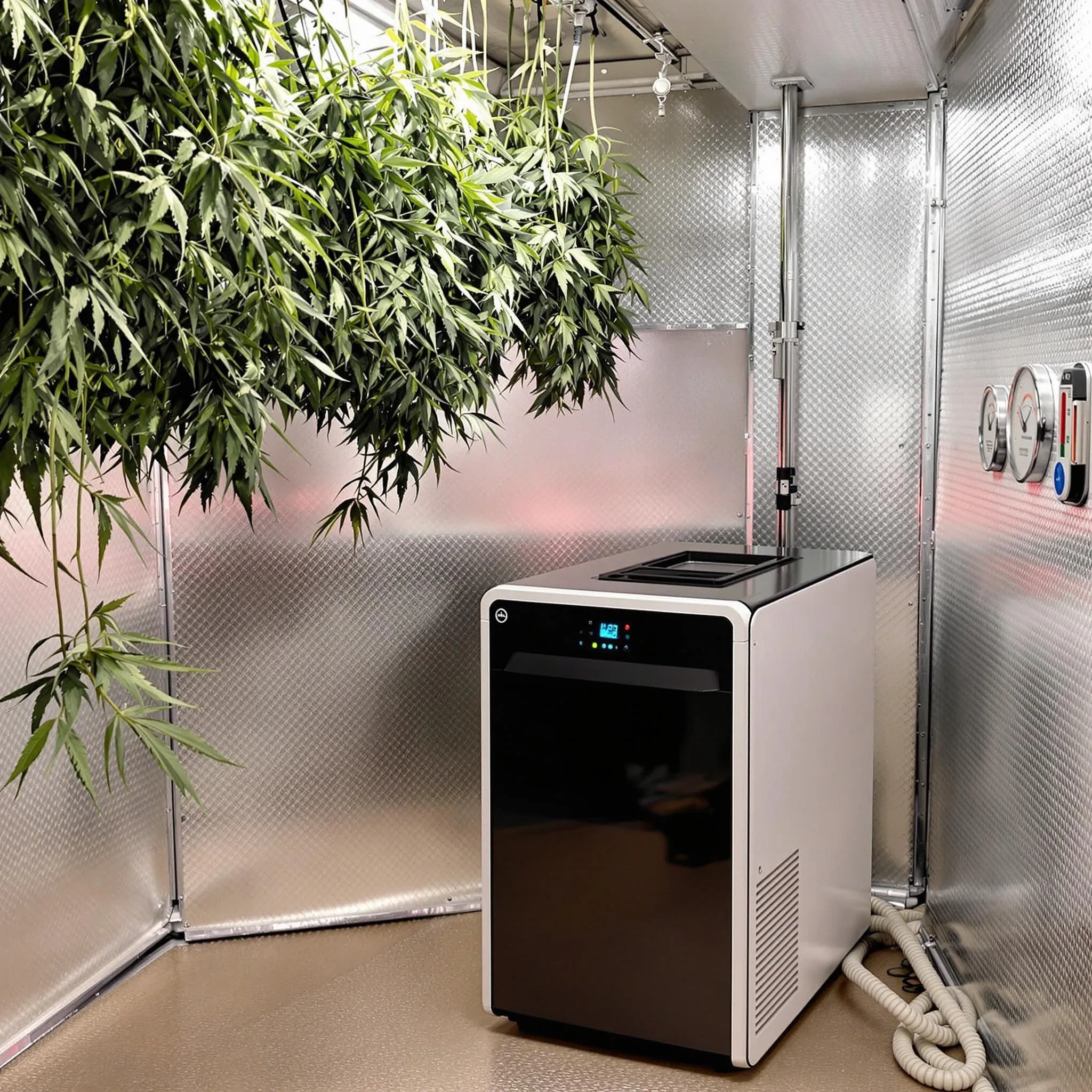 Drying room with hanging cannabis plants and a dehumidifier maintaining optimal humidity levels for drying cannabis.