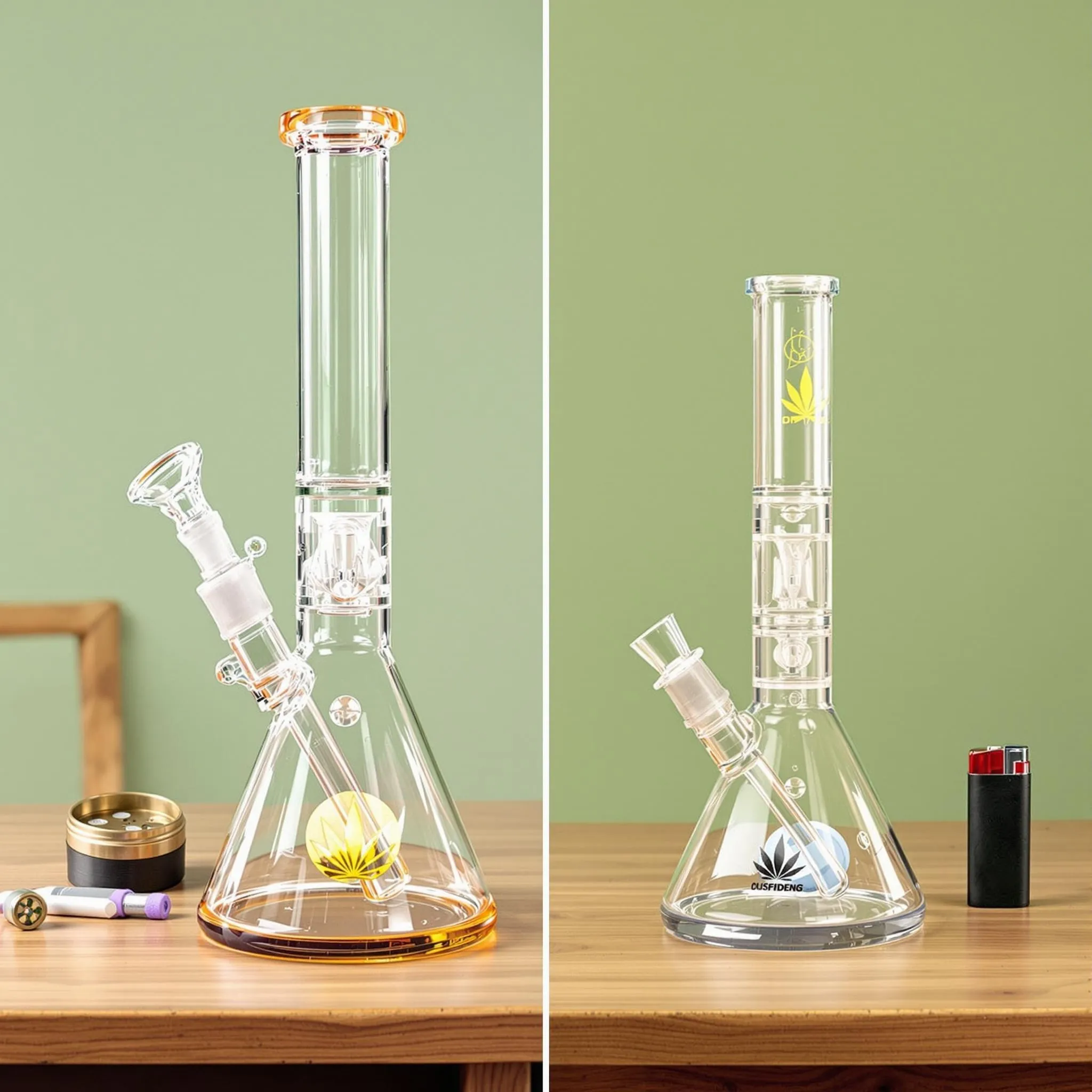 Side-by-side comparison showing the difference between a bong and a bubbler, placed on a table with cannabis accessories.