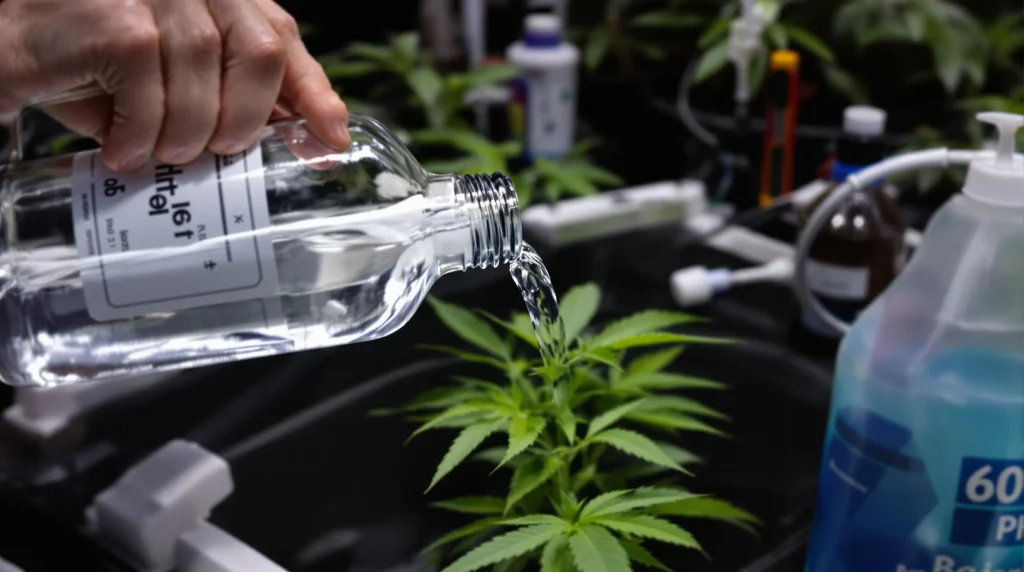 Grower pouring distilled water into a hydroponic reservoir with a pH meter and nutrient bottles nearby for precise cannabis growth.