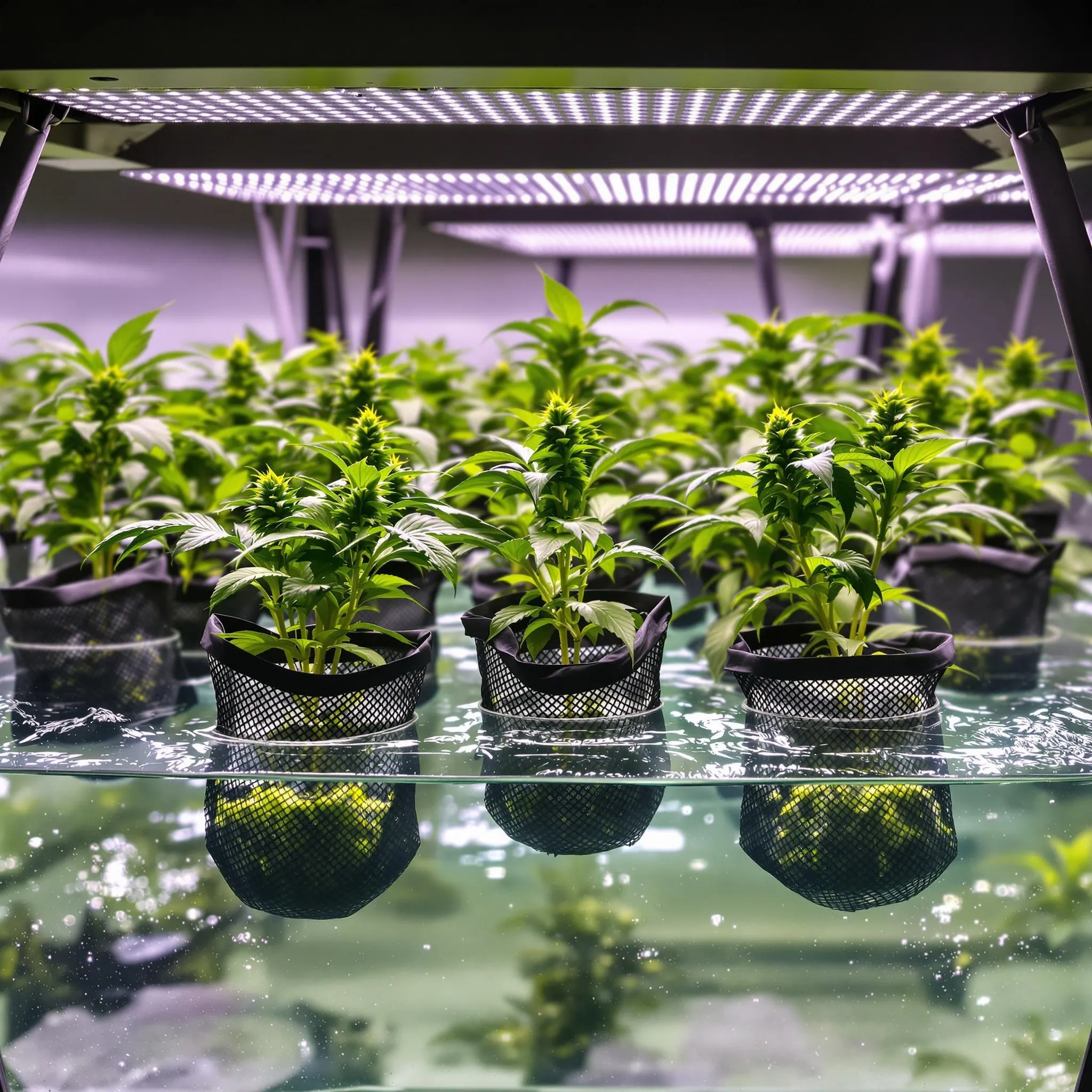 Hydroponic system with cannabis plants thriving in net pots over a reservoir of distilled water, illuminated by grow lights.