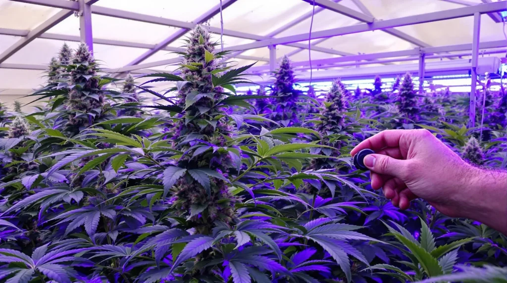 Cannabis plant in a greenhouse under sunlight with supplemental grow lights, showcasing a grower adjusting light settings to balance DLI for cannabis.