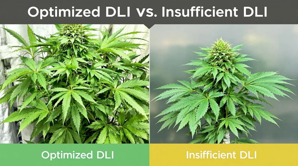 Side-by-side comparison of cannabis plants grown with optimized DLI versus insufficient DLI, showing healthier growth with proper DLI for cannabis.