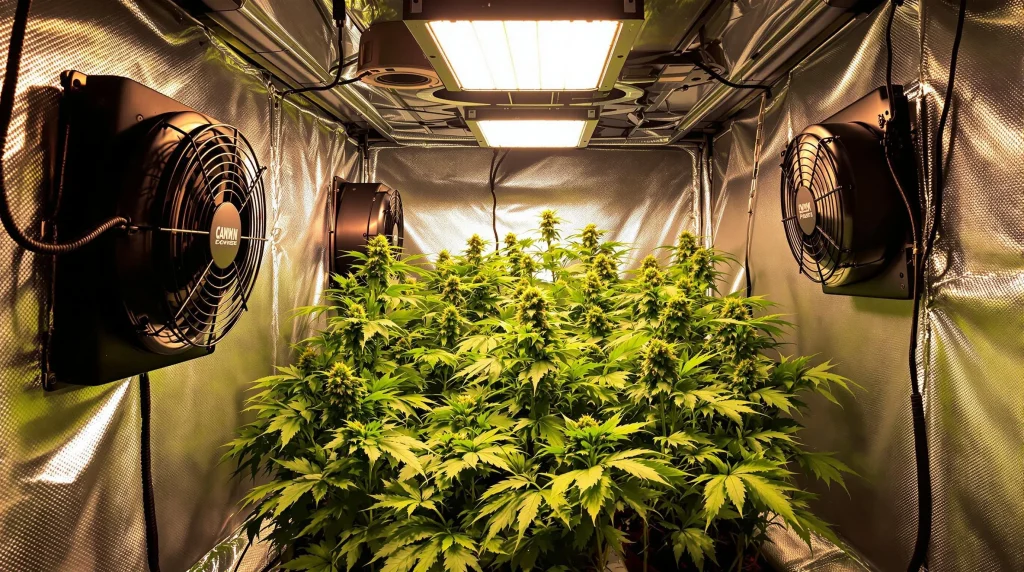 Indoor grow tent equipped with intake and exhaust fans, demonstrating why intake fans are vital for cannabis cultivation in grow tents.