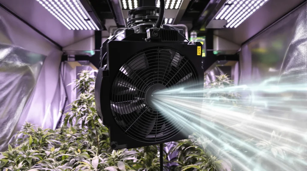 Close-up of an intake fan pulling fresh air into a grow tent with healthy cannabis plants, highlighting the importance of intake fans for grow tents.