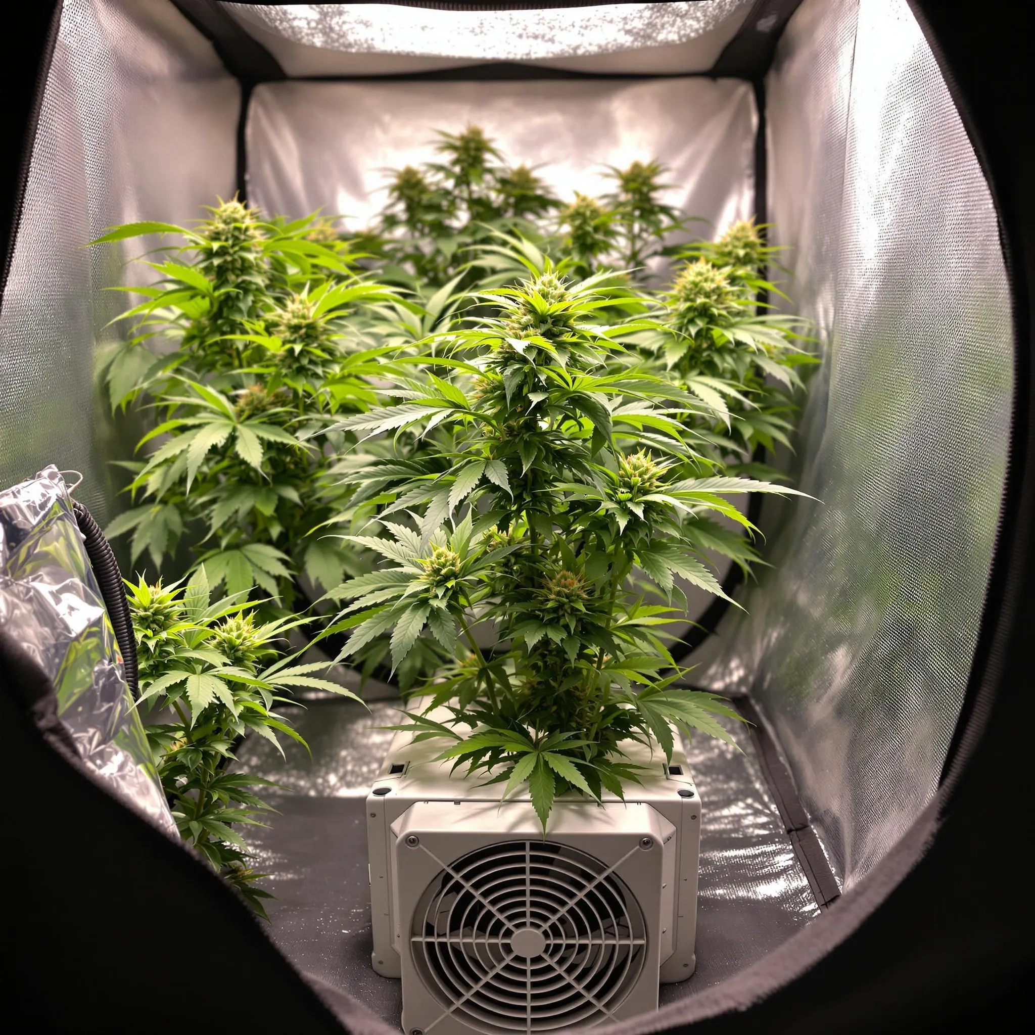 Grow tent with an intake fan at the bottom ensuring fresh airflow for cannabis plants, essential for answering the question: Do I need intake fan for grow tent?