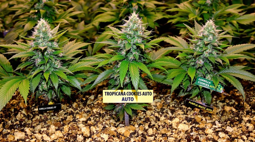 Cannabis strains like Tropicana Cookies FF, Gorilla Cookies Auto, and Purplematic CBD Auto growing in soil enriched with dried molasses for plants