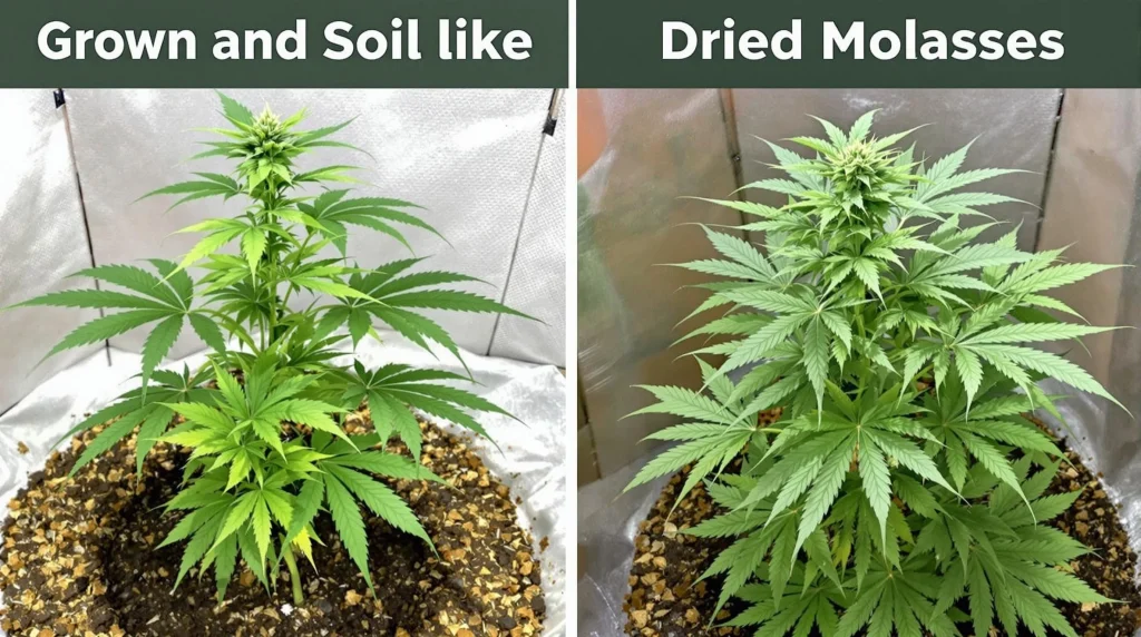 Comparison of two cannabis plants, one grown with dried molasses for plants showing vibrant growth, and another without appearing less healthy.