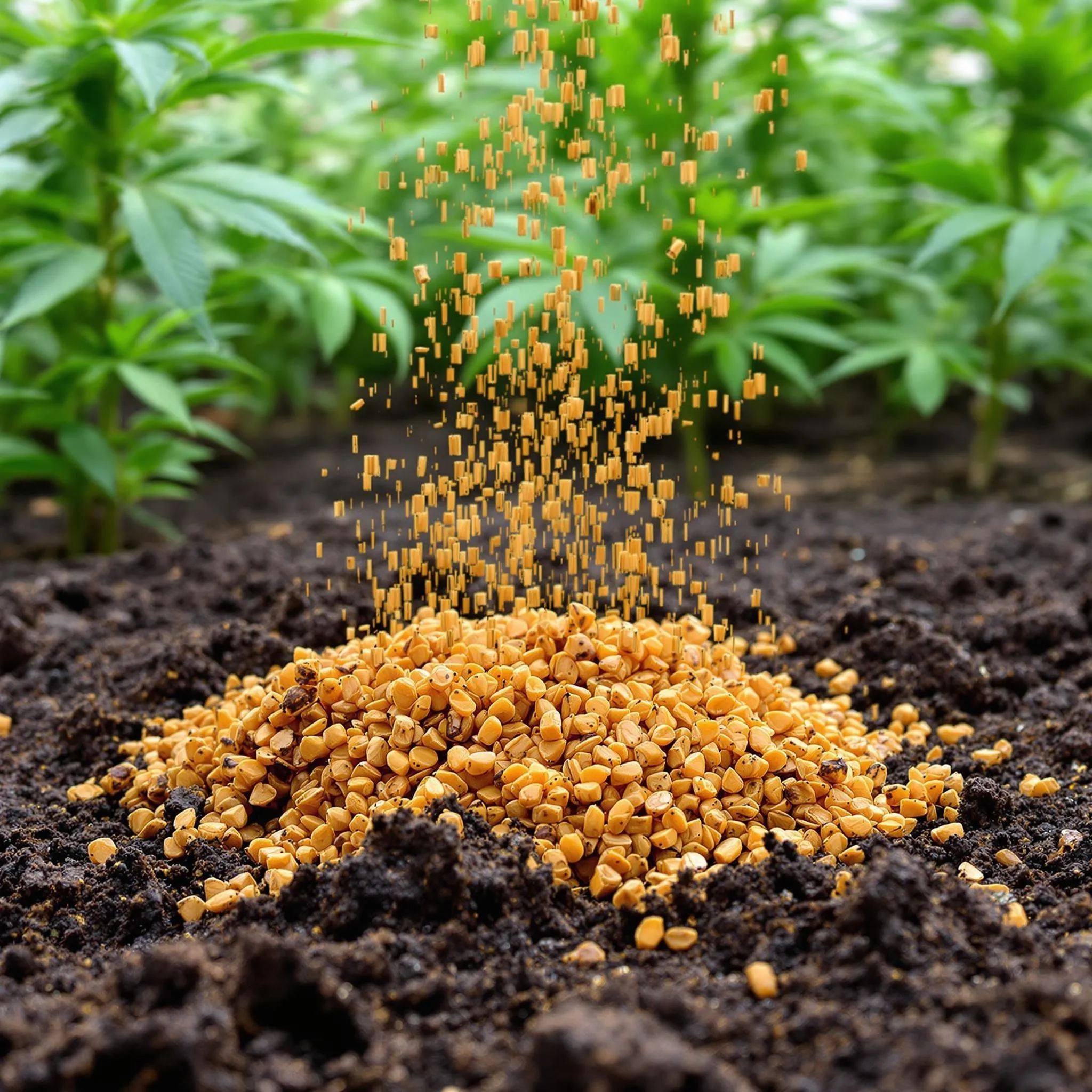 Dried molasses for plants being sprinkled onto soil in a cannabis garden, with healthy plants thriving in the background.