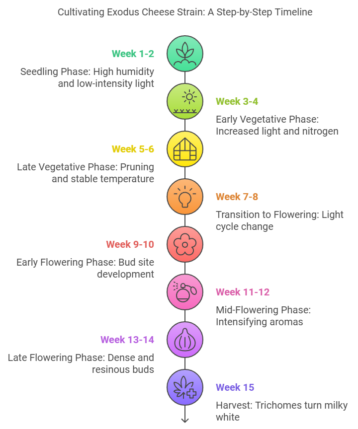 Step-by-step growth timeline for the Exodus Cheese strain, detailing each growth stage from seedling to harvest.