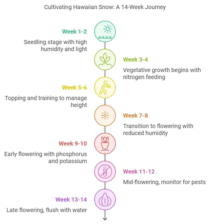 Week-by-week growth guide for Hawaiian Snow strain, illustrating key stages from germination to harvest.