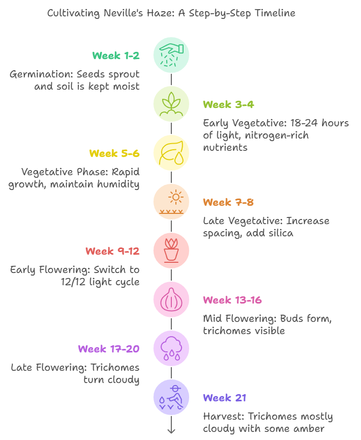 Infographic showing the week-by-week growth timeline for Neville's Haze Strain, detailing stages from germination to harvest.