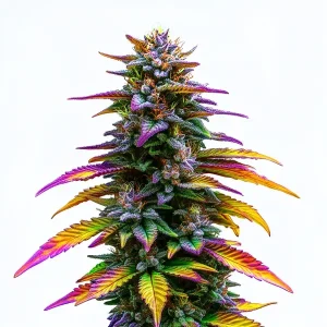 Jealousy Strain de Blimburn Seeds, con cogollos resinosos y hojas de colores intensos.