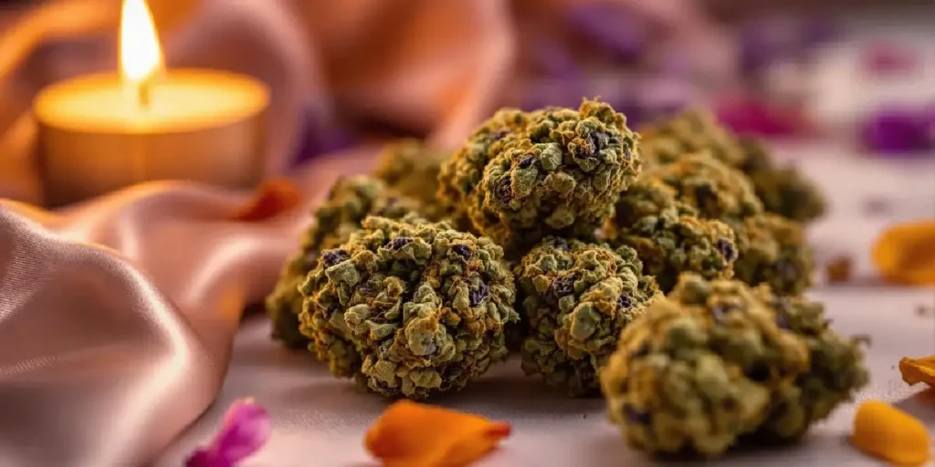 close up of cannabis buds with candle in romantic setting