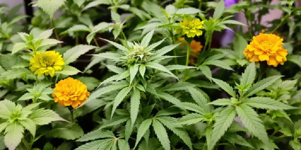 Cannabis plant growing alongside marigolds as companion plants indoors