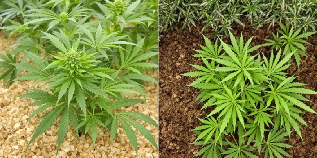 Healthy cannabis plants growing in coco coir under indoor conditions