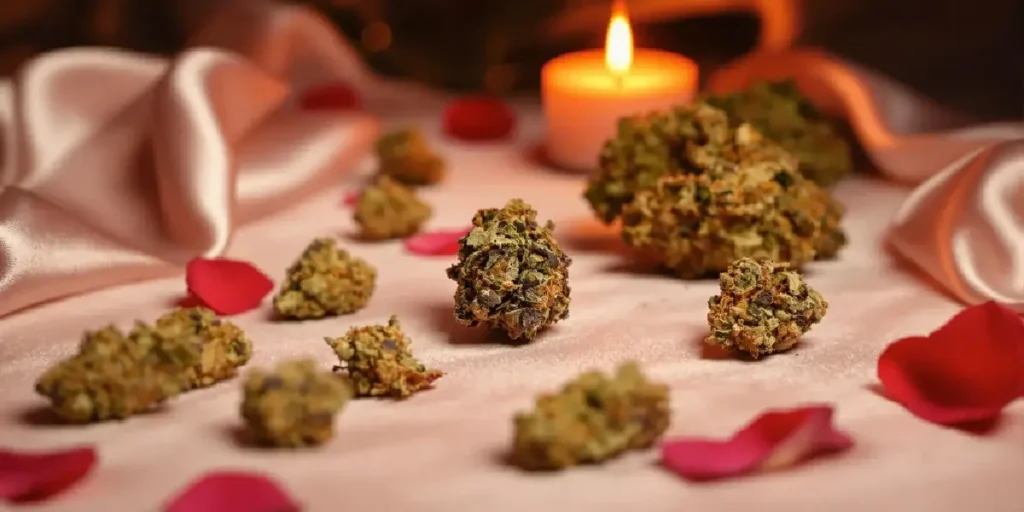 cannabis buds with candlelight and rose petals
