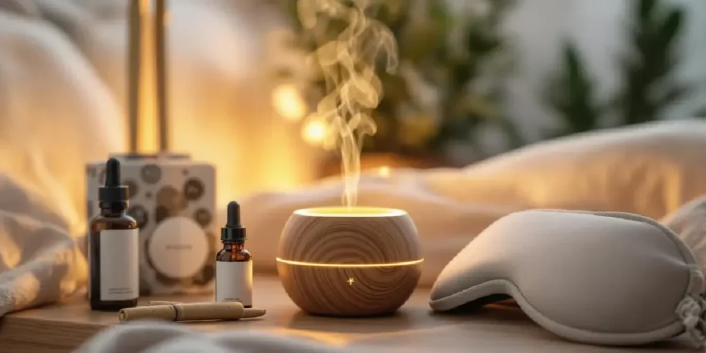 CBD oil bottles and aromatherapy diffuser for relaxation