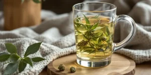 glass cup of cannabis herbal tea with leaves