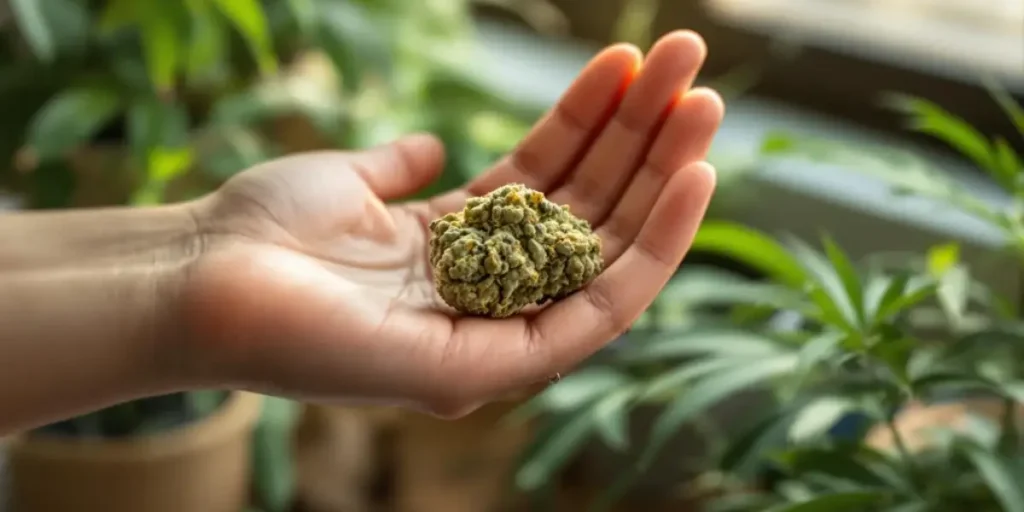 CBD Euphoria cannabis bud held in hand with natural light and indoor plants in background