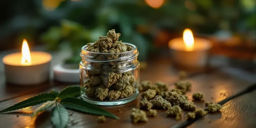 CBD Euphoria cannabis buds stored in glass jar with candles and warm ambient lighting