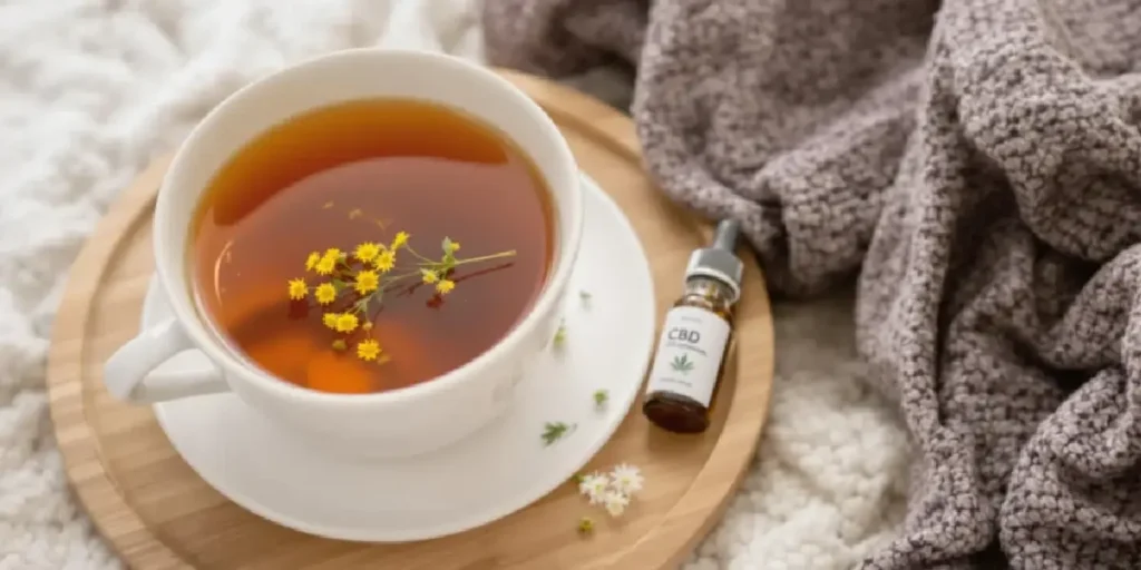 herbal tea with CBD oil on cozy blanket