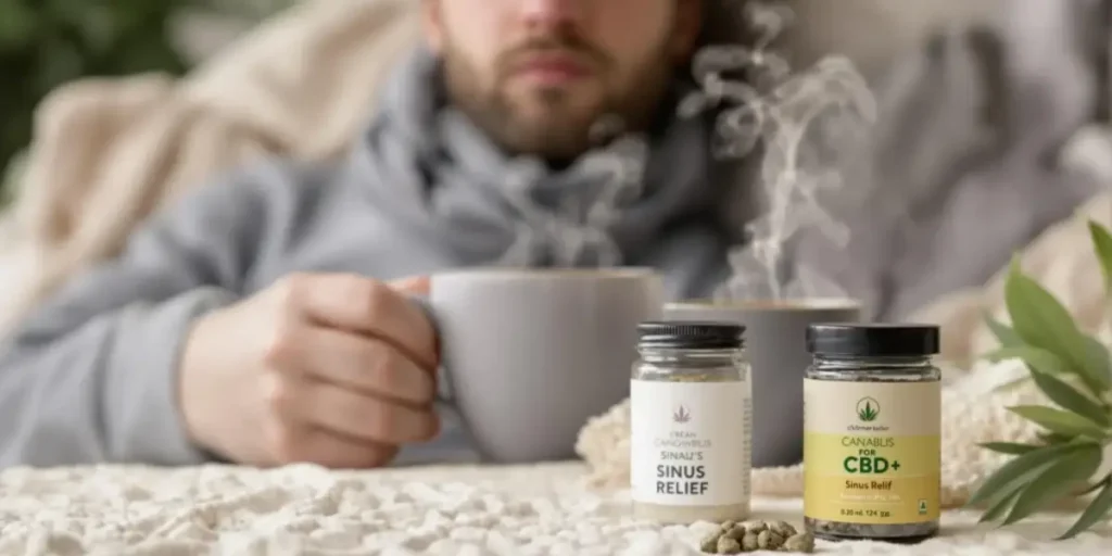 CBD for sinus issues products next to person holding hot drink with visible steam