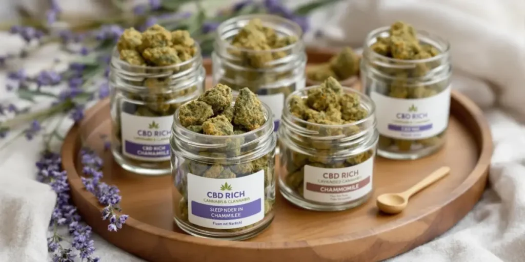 CBD for sleep apnea products displayed in glass jars with chamomile labels on wooden tray