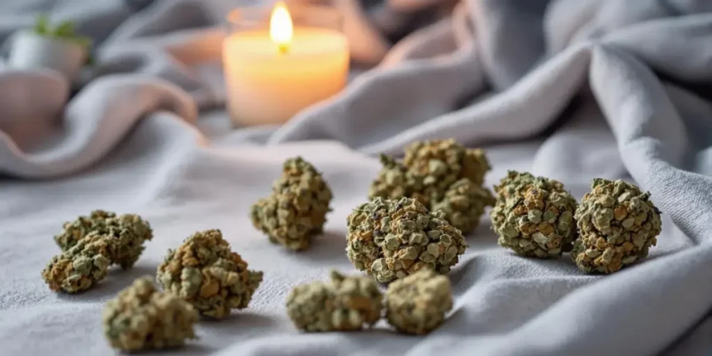 CBD for sleep apnea cannabis buds placed on soft fabric with candle creating relaxing atmosphere