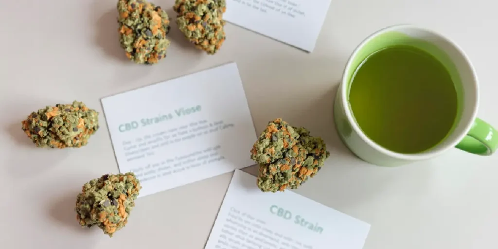 CBD tea with cannabis buds and strain cards
