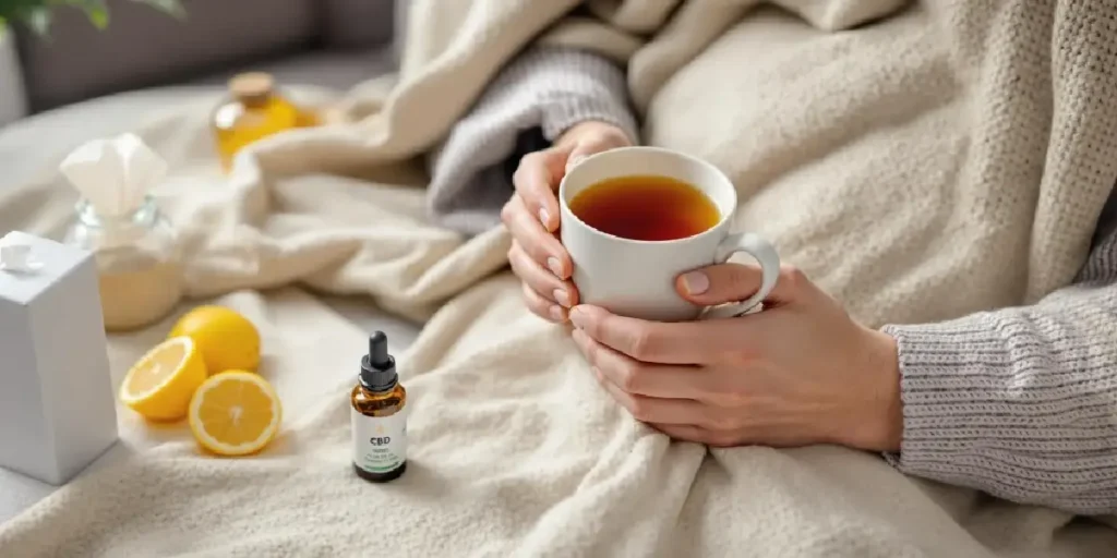 person holding hot tea with CBD oil and lemon for cold relief