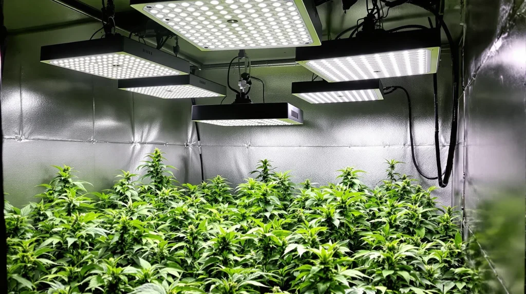 Grow room with cheap grow lights for weed, using HPS and LED lights over plants with reflective surfaces for optimal coverage.