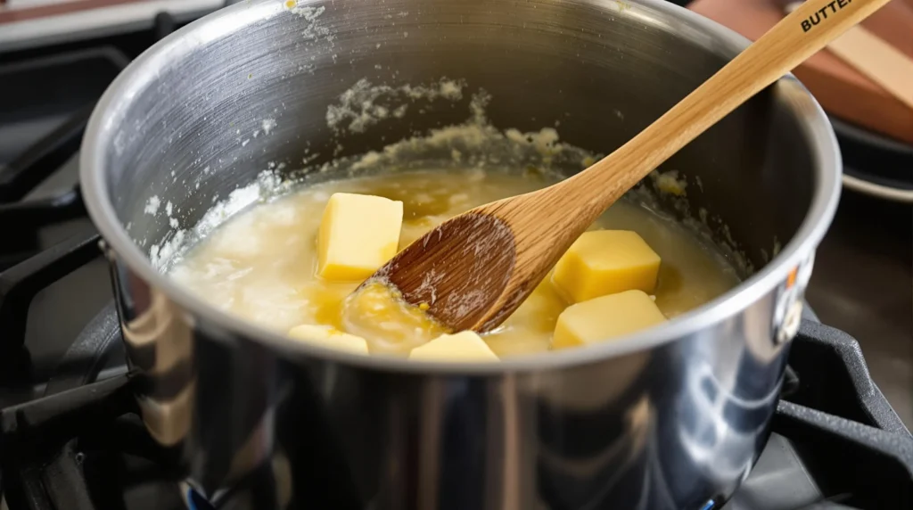 Decarbed live resin labeled being stirred into melted butter on a stovetop in a bright, cozy kitchen.