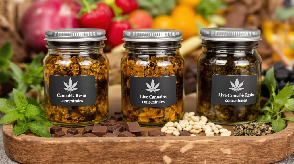 Glass jars filled with live resin concentrates on a wooden tray surrounded by ingredients for edibles.