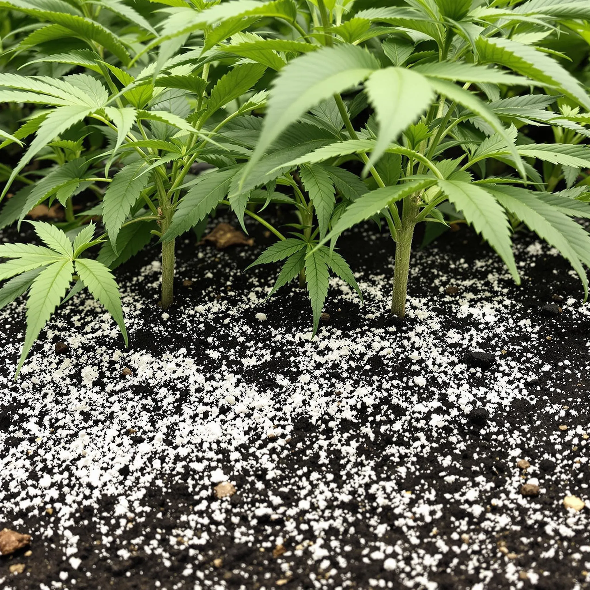 Cannabis plants with diatomaceous earth for cannabis dusted on the soil surface to control pests and enhance soil health.