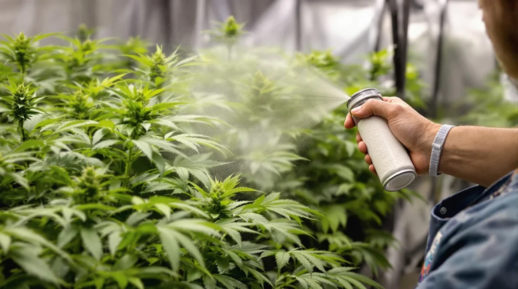 Grower using a powder duster to apply diatomaceous earth for cannabis on leaves for pest protection in a healthy grow room.