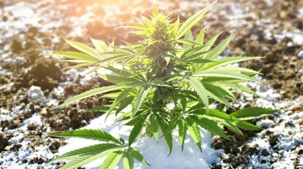 Outdoor cannabis plant with soil treated with diatomaceous earth for cannabis, showing pest-free leaves under natural sunlight.