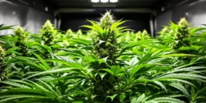 Cannabis plants in flowering stage inside grow tent under LED lighting system