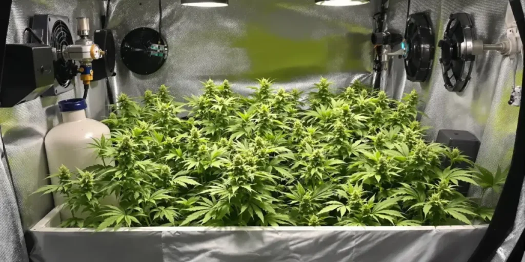 Dense cannabis canopy inside grow tent with ventilation fans and controlled indoor environment