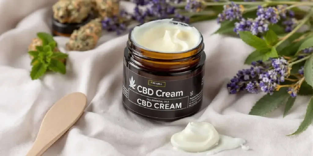 jar of homemade CBD cream with lavender and cannabis buds