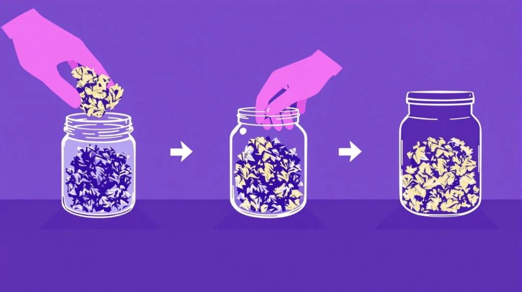 Step-by-step visual of placing dried cannabis buds in a curing jar, sealing it, and storing it in a dark place.