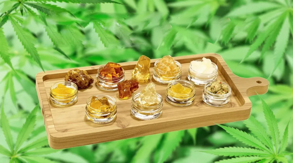 "Selection of cannabis concentrates, including wax and shatter, displayed for dab for beginners.