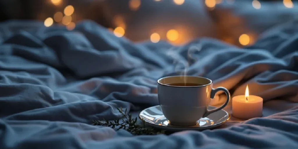 Relaxing nighttime routine with tea and candle for better sleep
