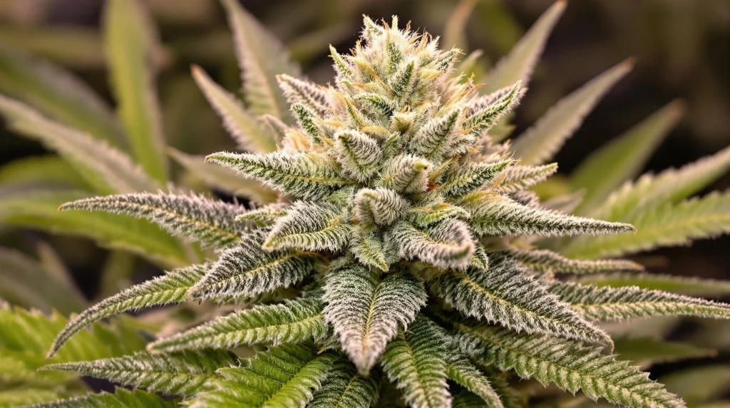 Close-up of a Gorilla Glue Auto cannabis plant with dense, frosty buds thriving under continuous light exposure