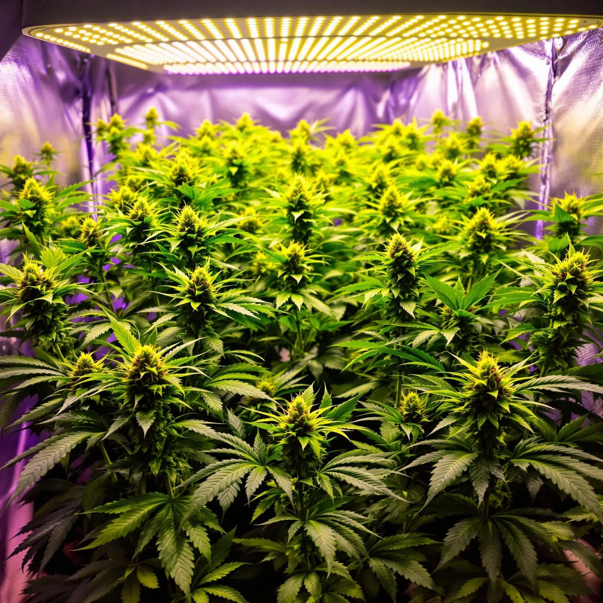 A vibrant indoor grow setup showcasing autoflowering cannabis plants under bright LED lights, optimized for a 24-hour light cycle.