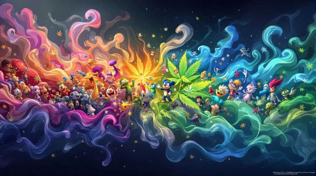 Colorful animated characters blending with cannabis smoke for a psychedelic effect.