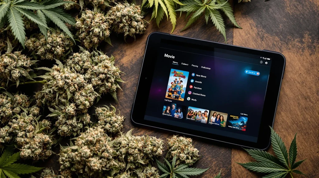 Cannabis strains beside a tablet displaying animated movie options for high viewers.