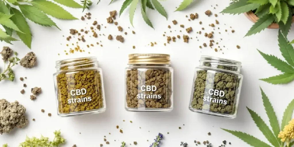jars labeled CBD strains with cannabis buds on white background