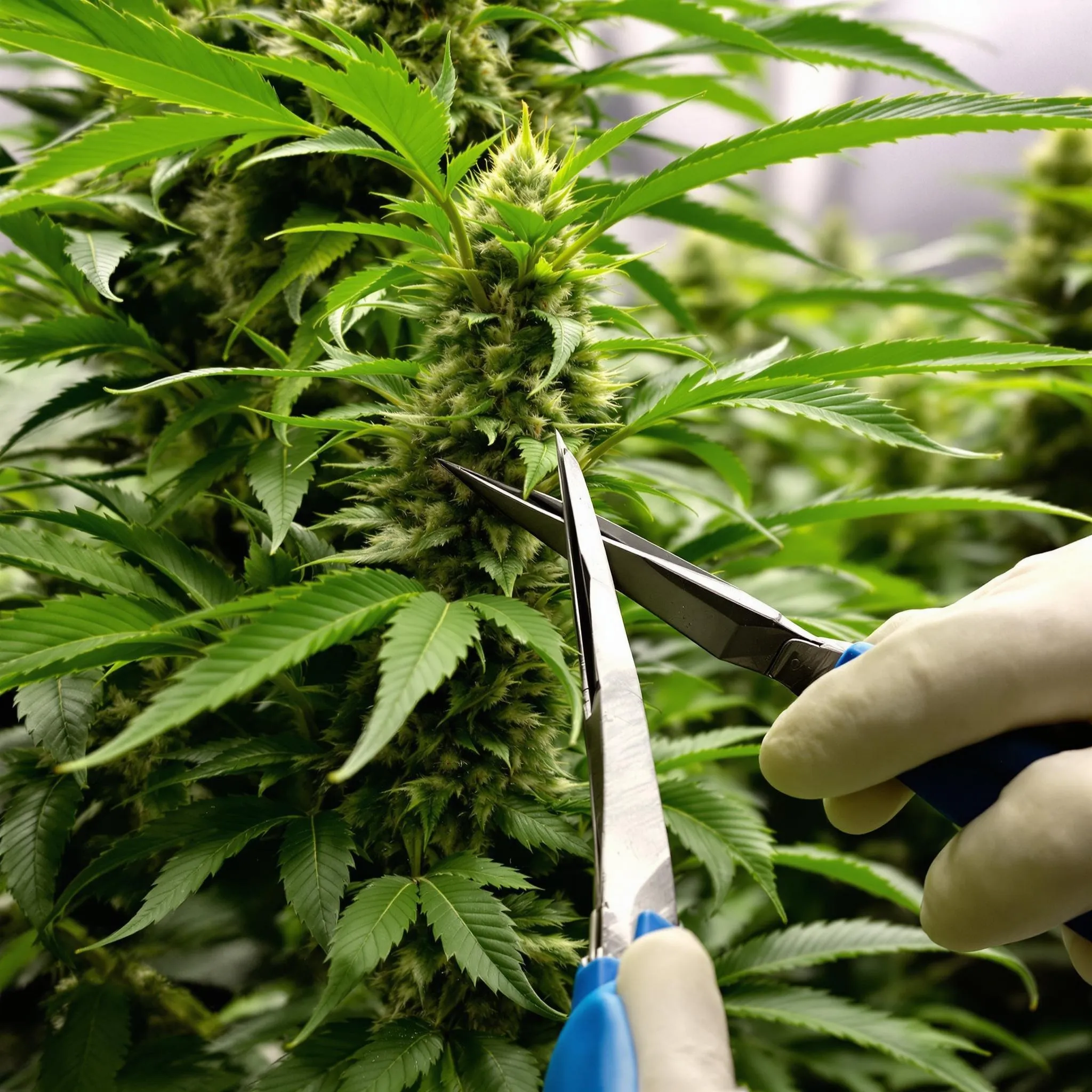 Topping a cannabis plant at the node with sterilized scissors in a grow room.