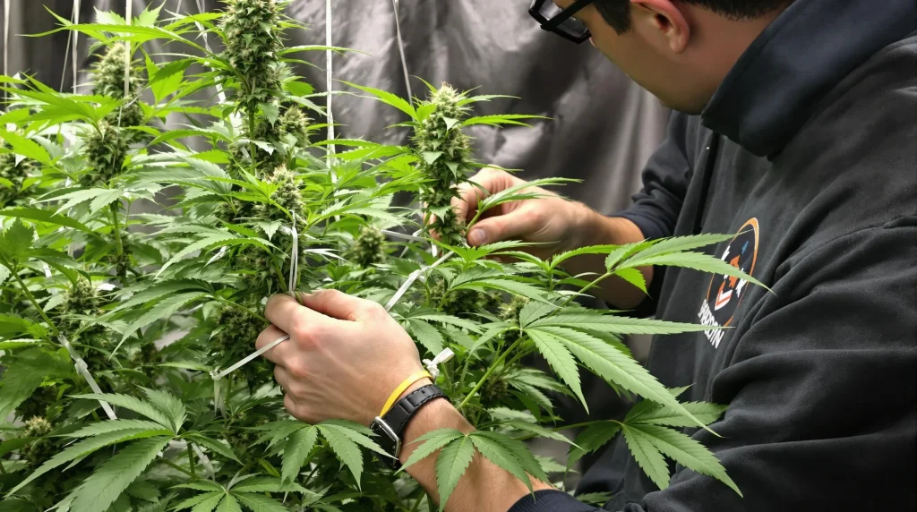 Autoflower cannabis plant with combined topping and low-stress training techniques.